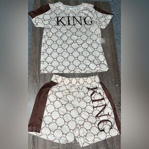 Brown and White Graphic T-Shirt and Shorts Set